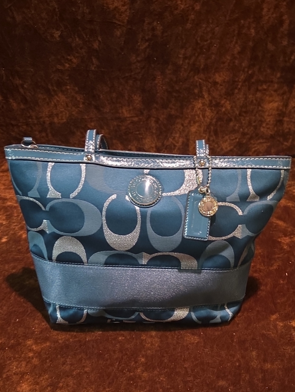 Coach Green Satin Signature Tote with Silver Accents